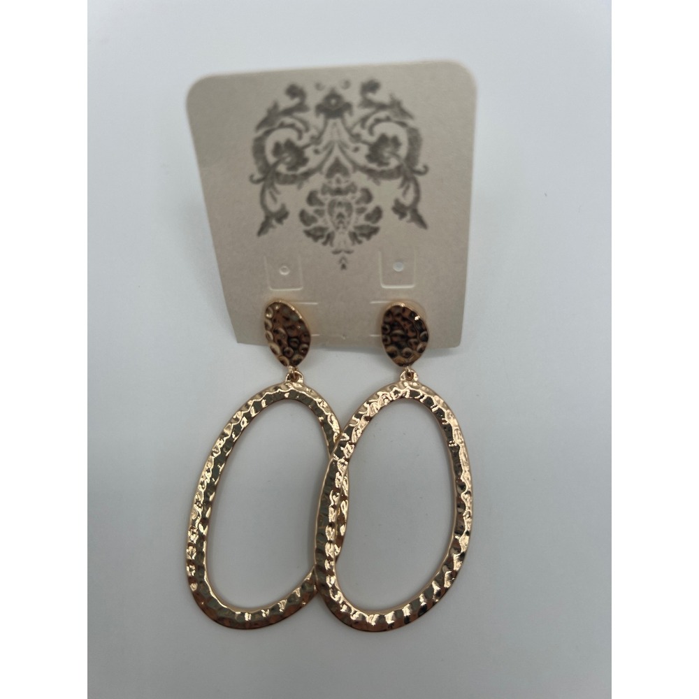 Gold Tone Hammered Oval Drop Statement Earrings Post Back Textured Open Hoops